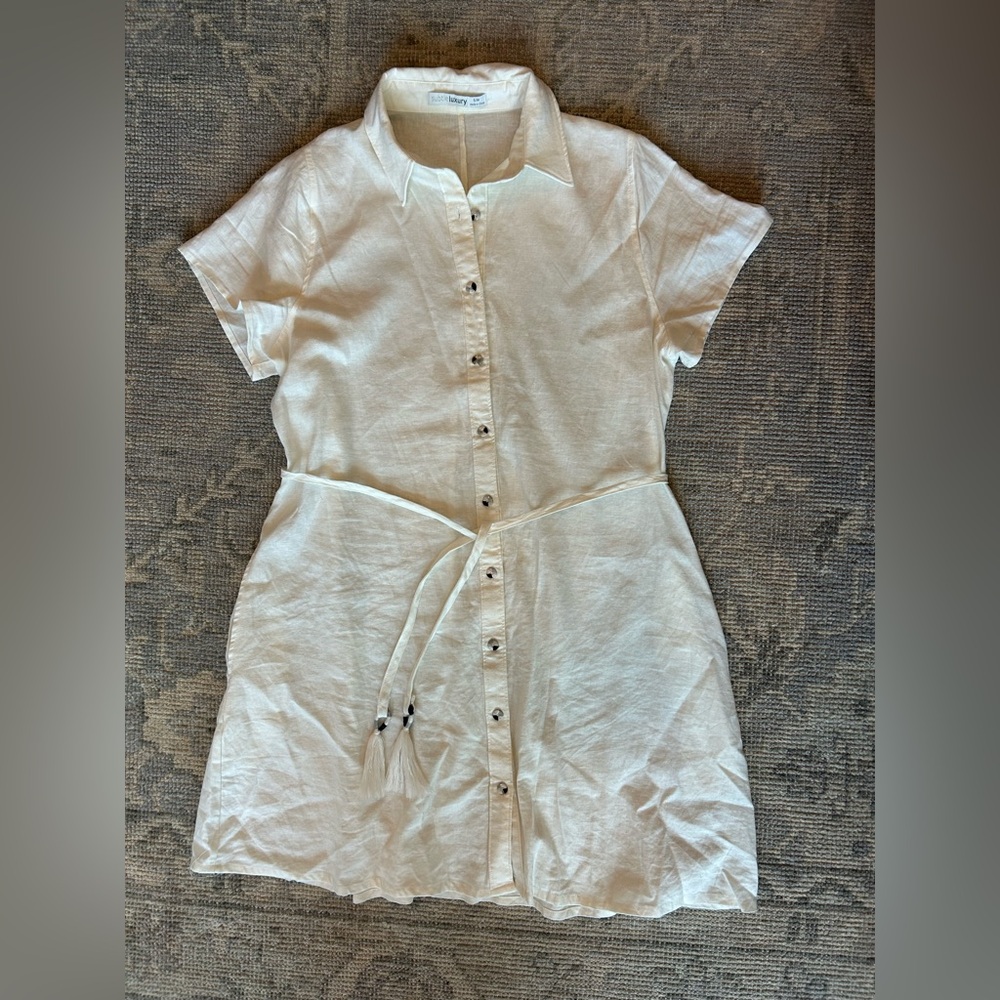 Subtle Luxury White Linen Blend Button-Up Dress